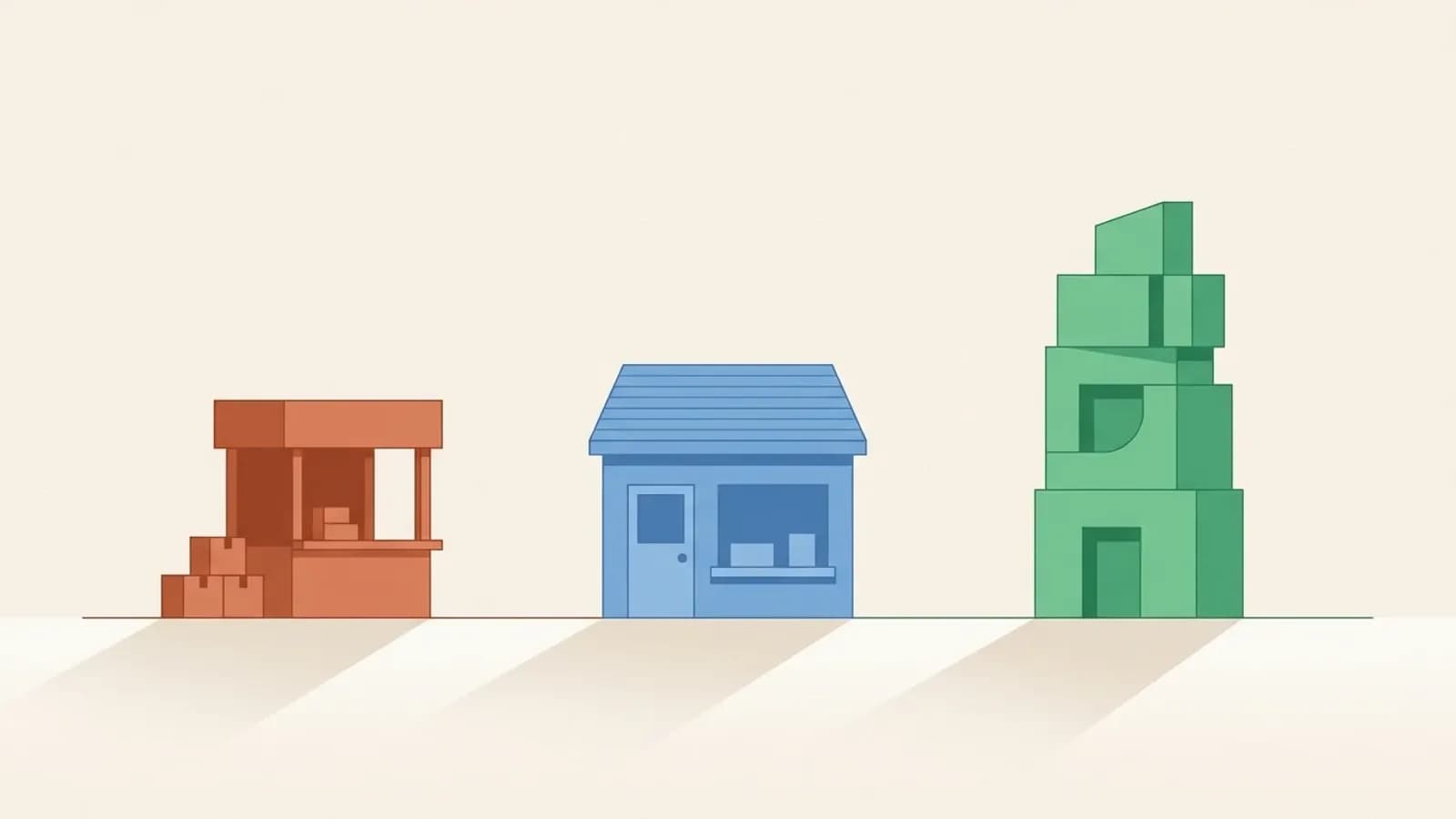 Illustration plate de trois structures representant WordPress, Shopify et un site Next.js sur mesure