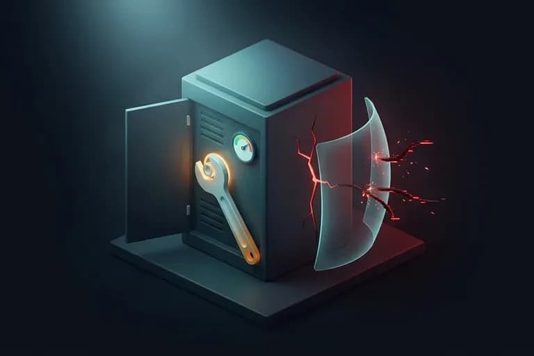 Illustration sombre d'un serveur en forme de coffre-fort : un cote ouvert pour la maintenance avec une cle et une jauge au vert, l'autre cote subit une breche rouge d'intrusion repoussee par un bouclier de protection