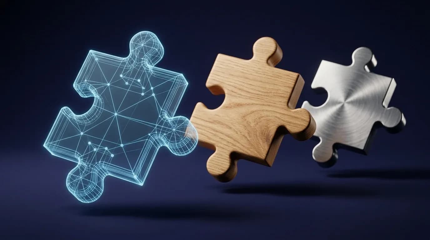 Trois pieces de puzzle 3D representant Next.js, WordPress et Shopify : wireframe bleu, bois clair, metal brosse, sur fond indigo profond