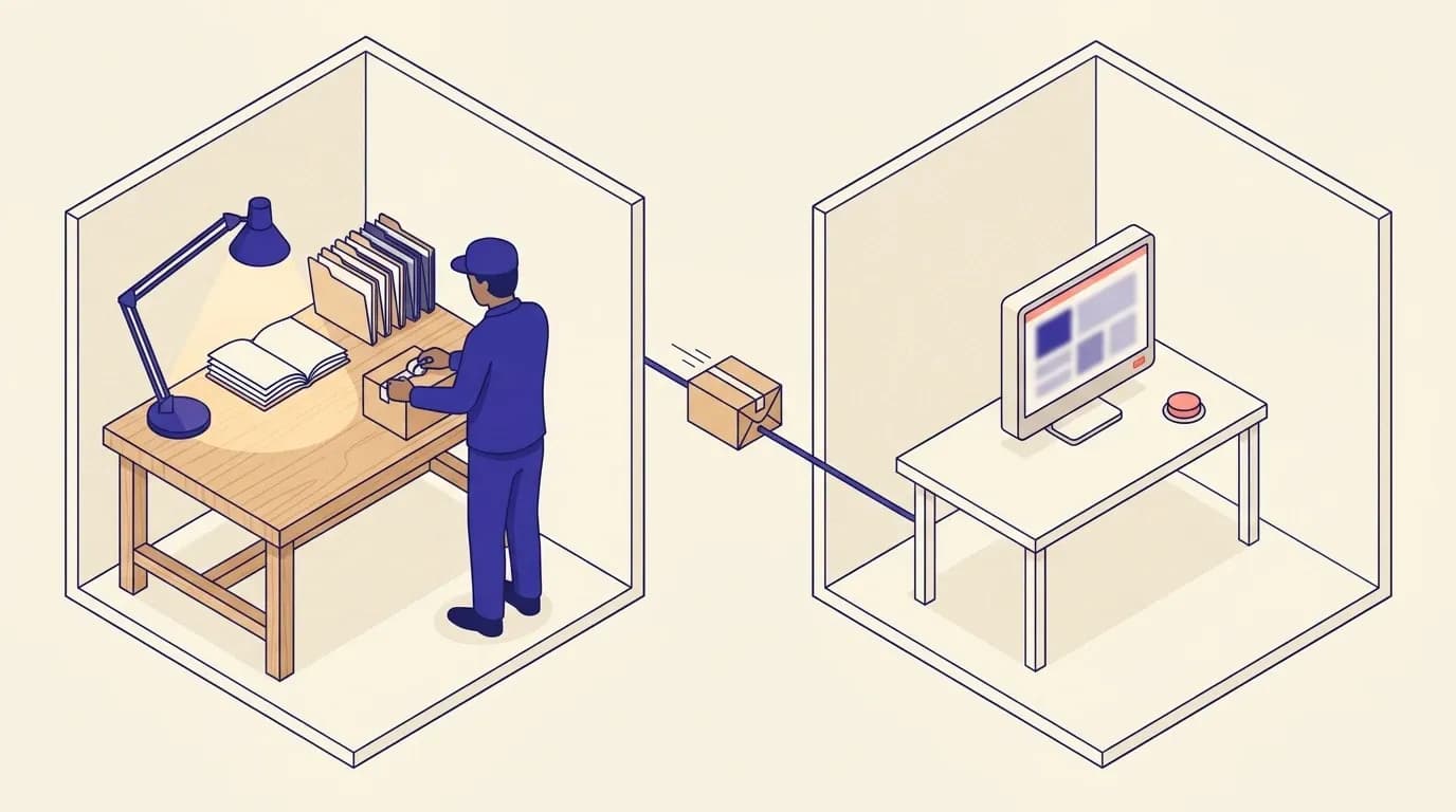 Illustration éditoriale en coupe : un atelier serveur indigo prépare un colis HTML qu'il envoie via un câble vers un atelier navigateur où un seul bouton corail attend l'utilisateur, métaphore du fonctionnement des React Server Components.