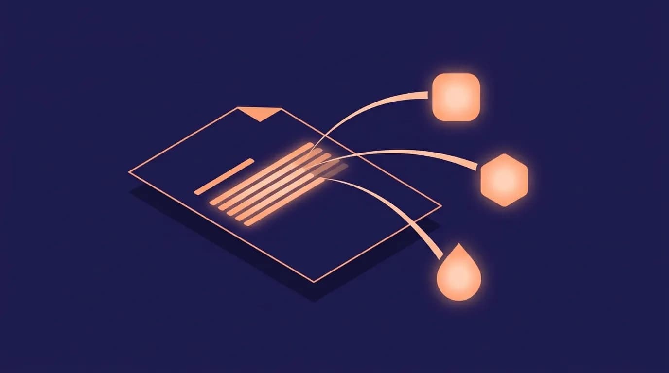 Illustration éditoriale isométrique d'un document à fond indigo avec un passage surligné en peach chaud, trois fils de lumière courbes qui partent du passage vers trois orbes lumineux (carré arrondi, hexagone, goutte) représentant ChatGPT, Perplexity et Google AI Overviews