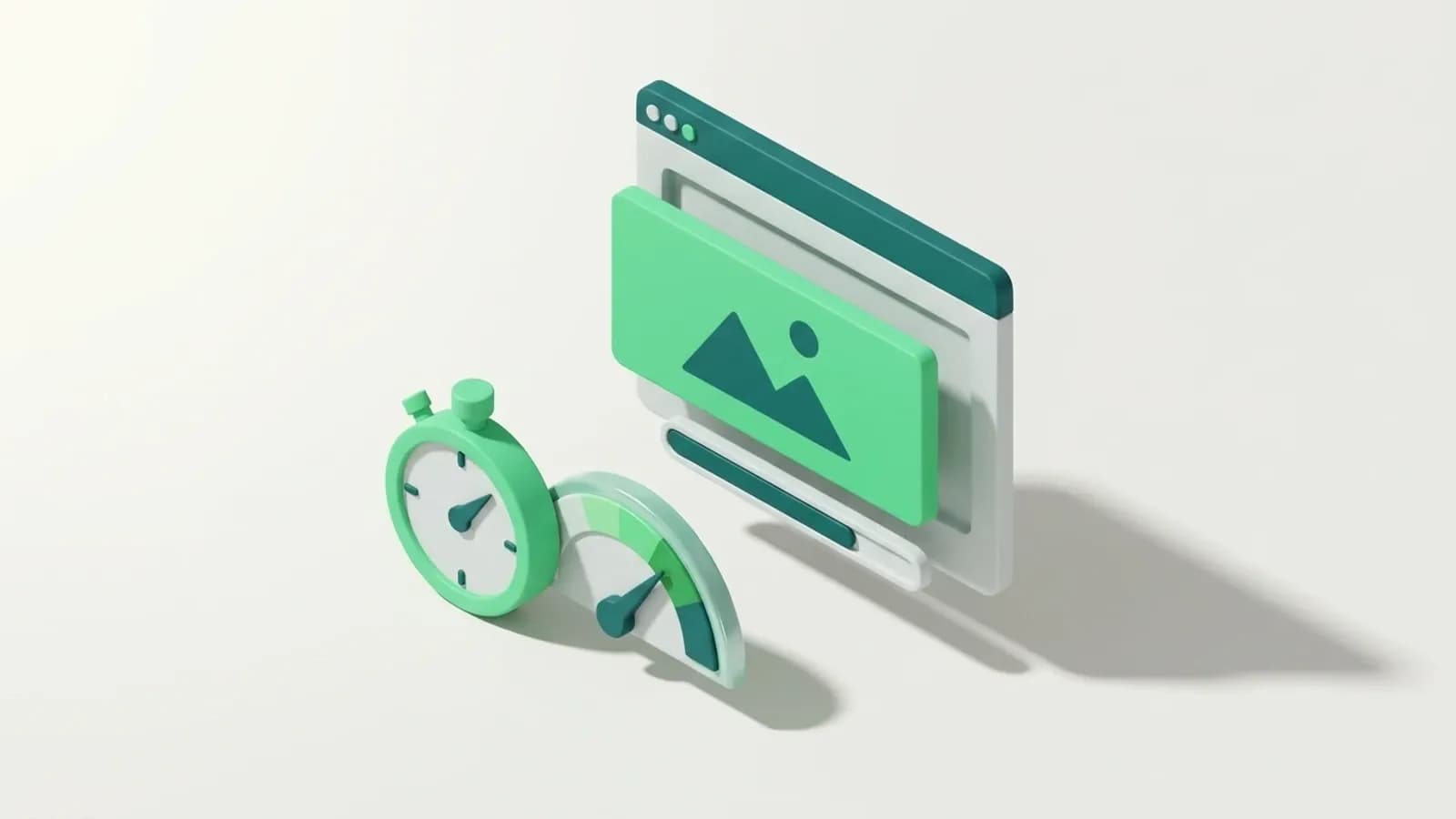 Illustration 3D isometrique d'une page web qui charge vite, avec chronometre et jauge de vitesse au vert