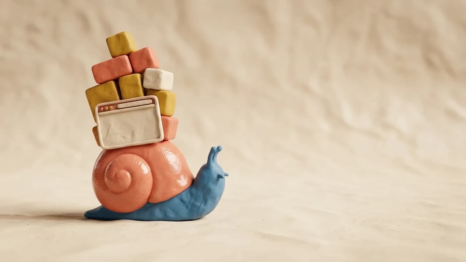 Escargot en pate a modeler portant un navigateur surcharge de blocs, metaphore d'un site WordPress lent
