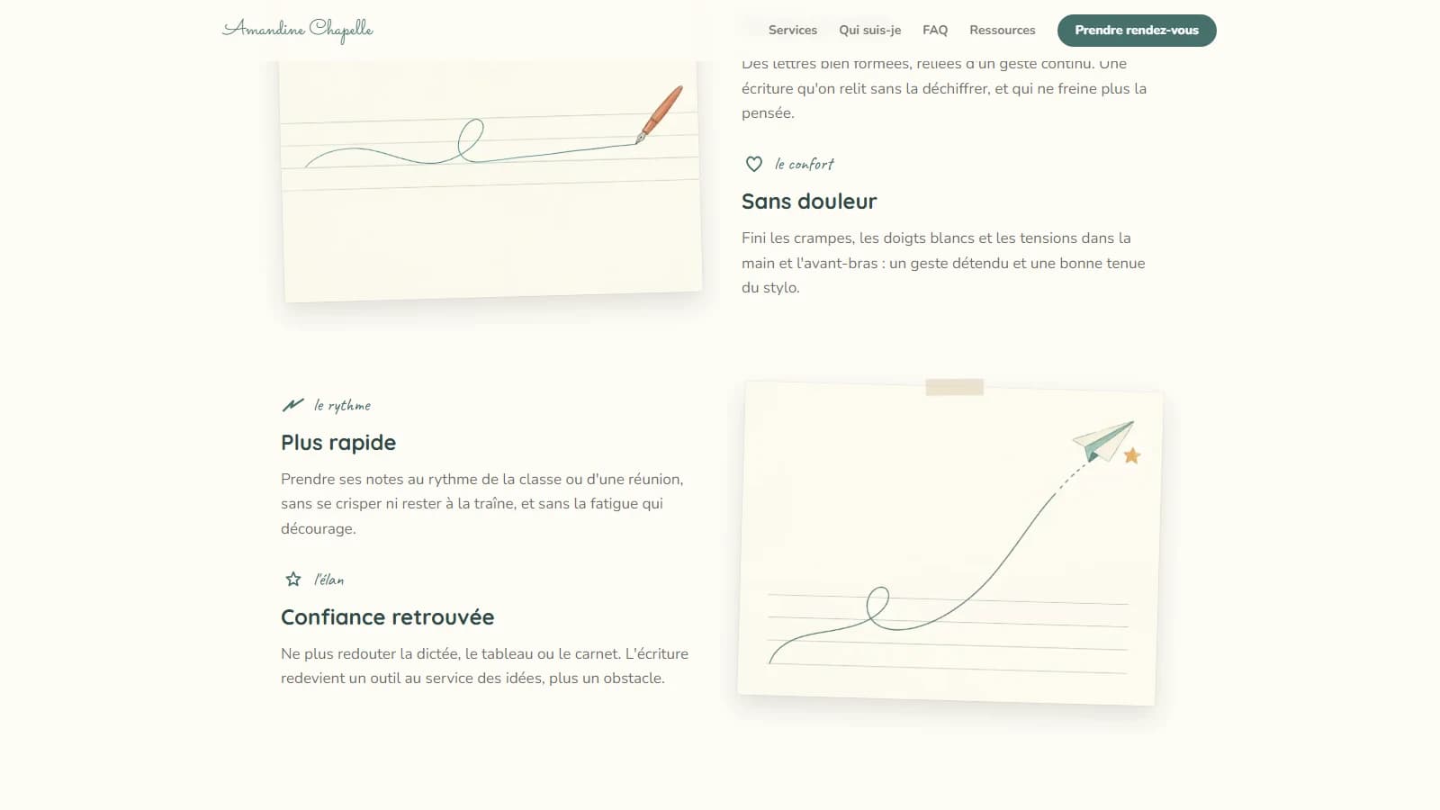 Section « Les bénéfices » illustrée façon papeterie, avec un stylo qui trace une boucle sur une page lignée et un avion en papier qui s'envole, autour des promesses « Sans douleur », « Plus rapide » et « Confiance retrouvée »