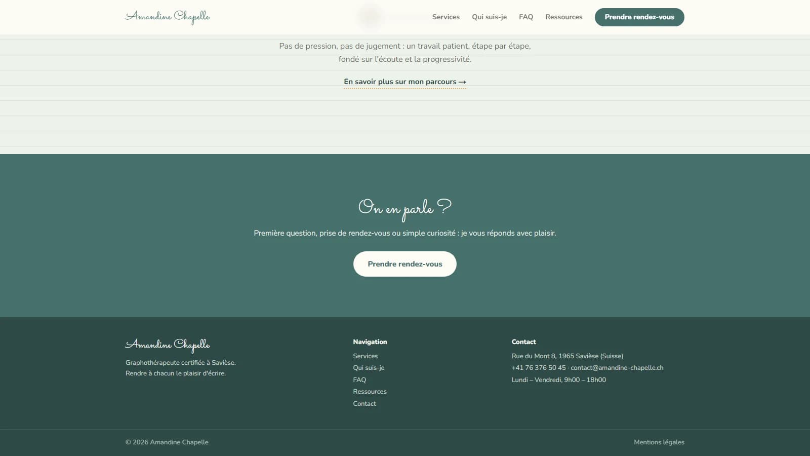 Bas de page avec le bandeau vert canard « On en parle ? » qui invite à prendre rendez-vous, puis le pied de page rappelant les coordonnées du cabinet à Savièse