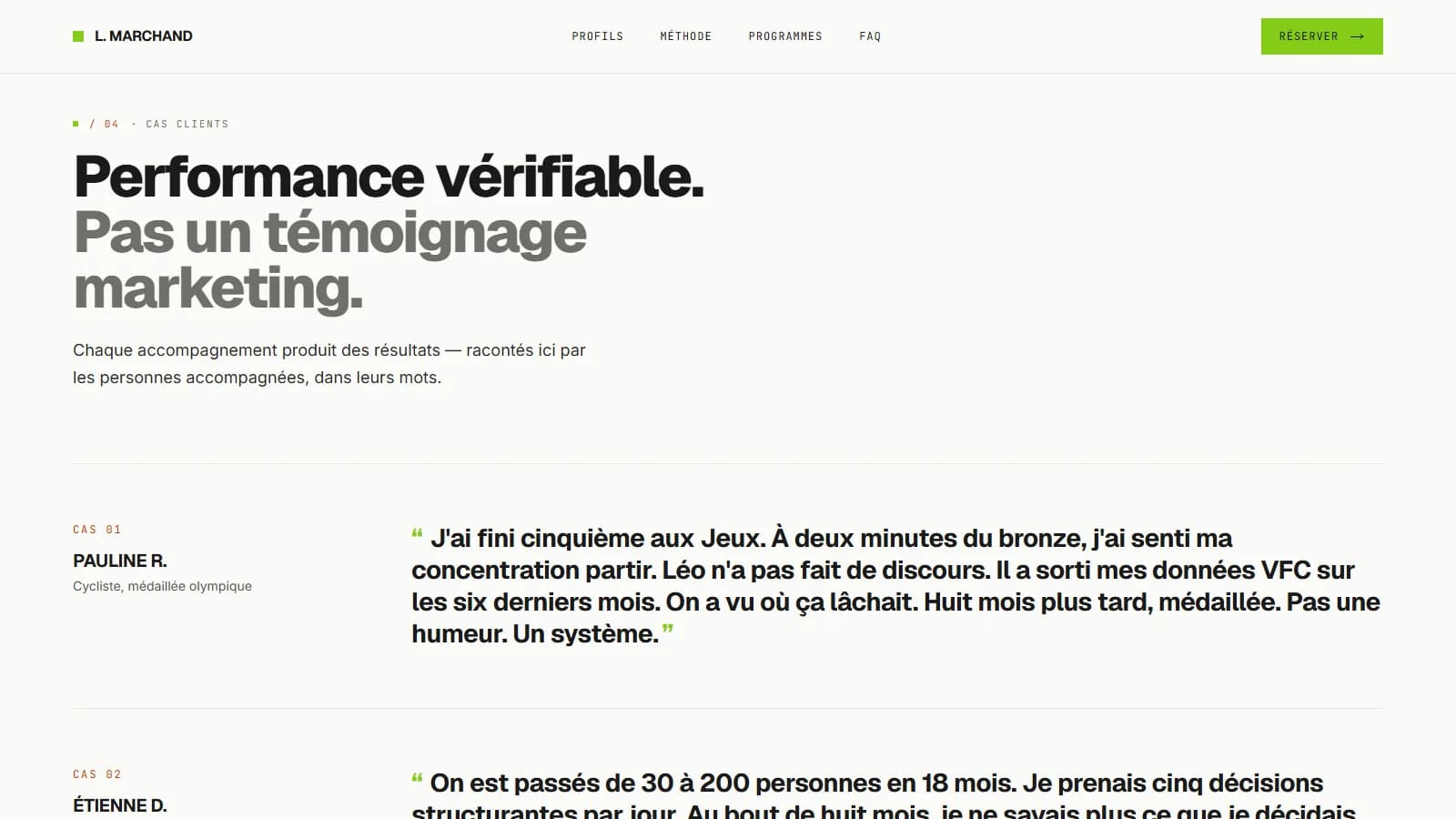 Section témoignages « Performance vérifiable. Pas un témoignage marketing. » introduite par le cas de Pauline R., cycliste médaillée olympique, qui raconte comment l'accompagnement l'a ramenée d'une cinquième place aux Jeux à une médaille huit mois plus tard