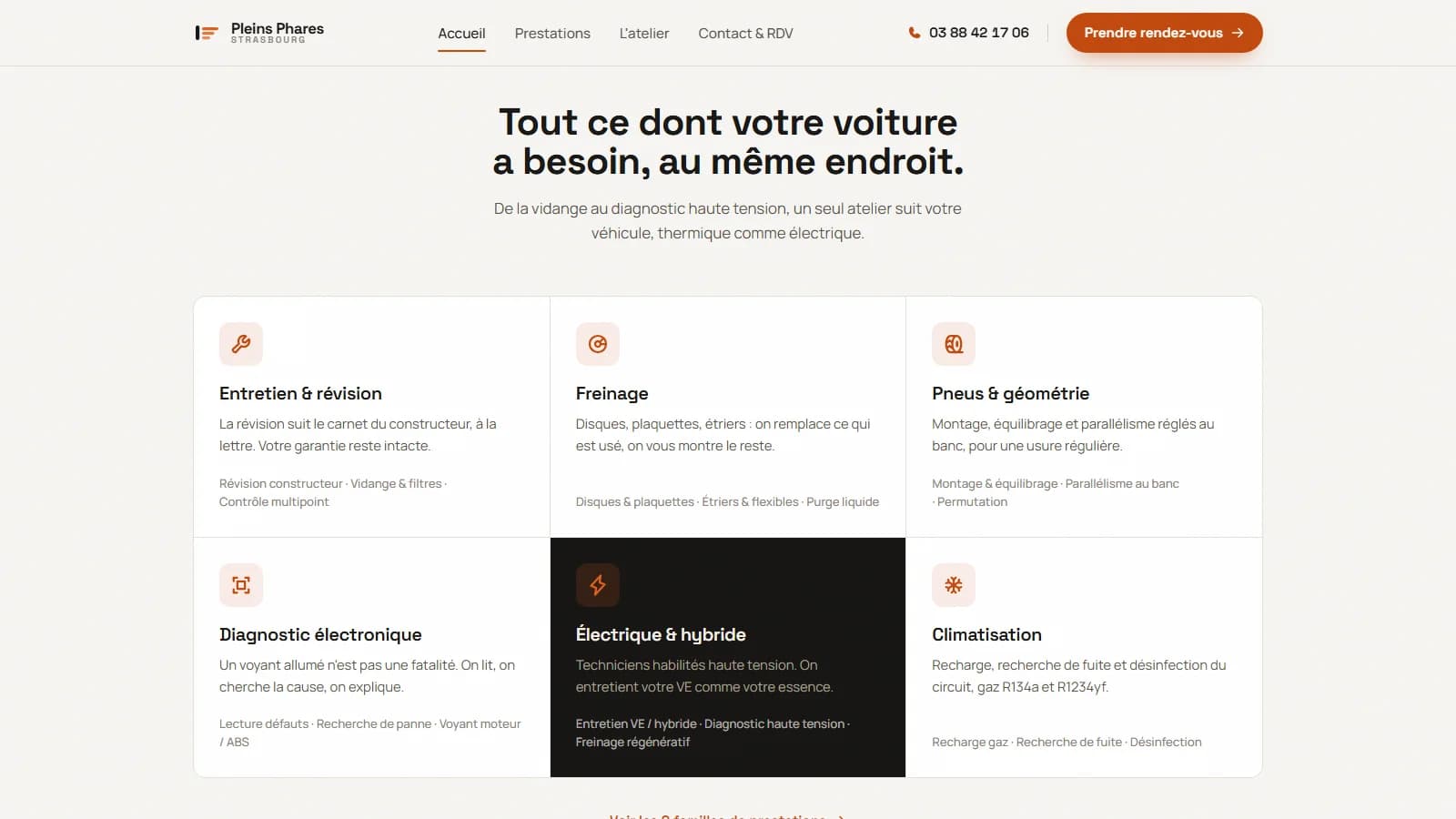 Section prestations « Tout ce dont votre voiture a besoin, au même endroit. » présentant six familles de services en grille : entretien & révision, freinage, pneus & géométrie, diagnostic électronique, électrique & hybride et climatisation