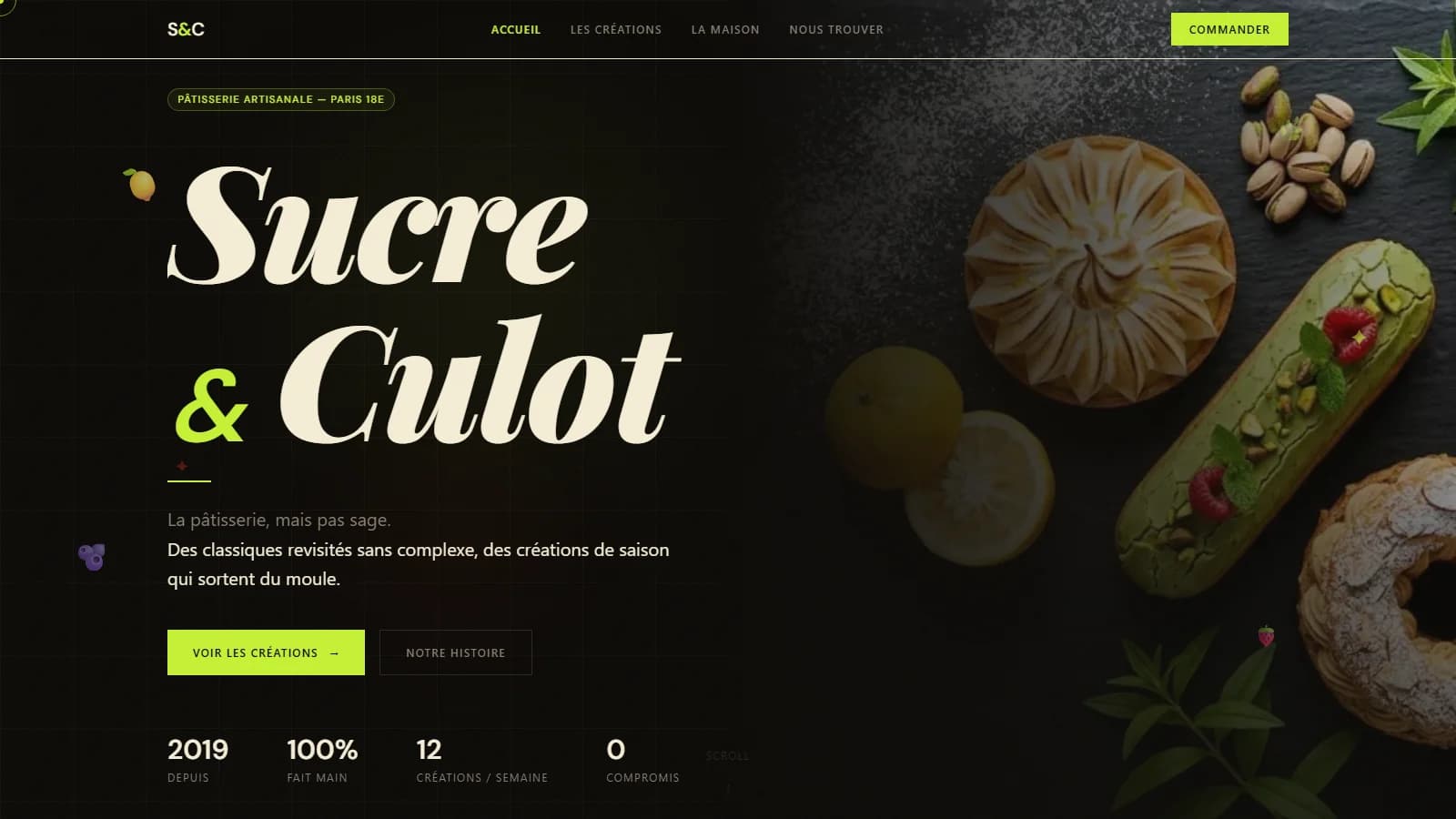Page d’accueil du site fictif Sucre & Culot avec créations pâtissières mises en scène