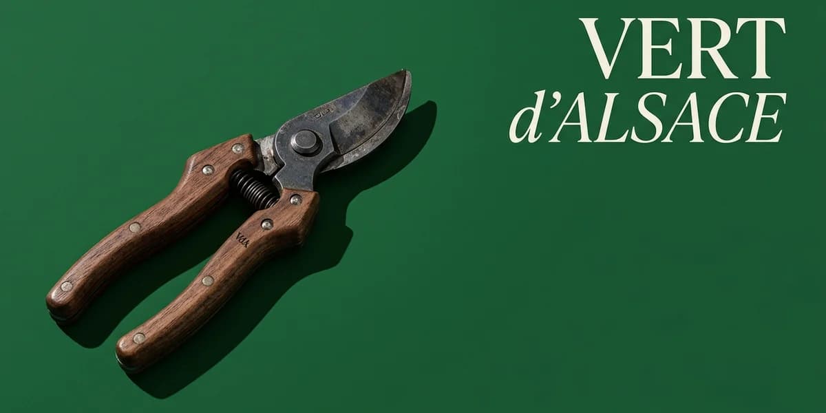 Miniature éditoriale du projet Vert d'Alsace avec un sécateur de jardinier en acier patiné aux manches de noyer huilé posé en diagonale sur un fond vert forêt saturé, ombre nette, et typographie serif ivoire « Vert d'Alsace » sur le tiers droit