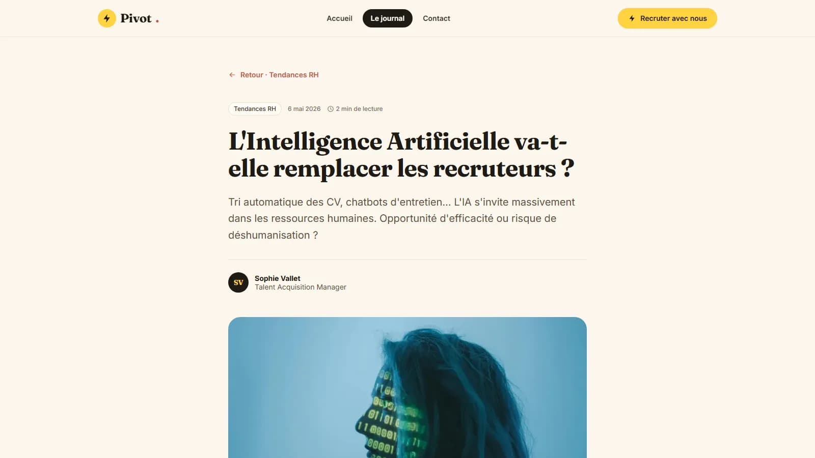 Article du journal « L'Intelligence Artificielle va-t-elle remplacer les recruteurs ? » avec l'auteur, la durée de lecture et une photo d'illustration