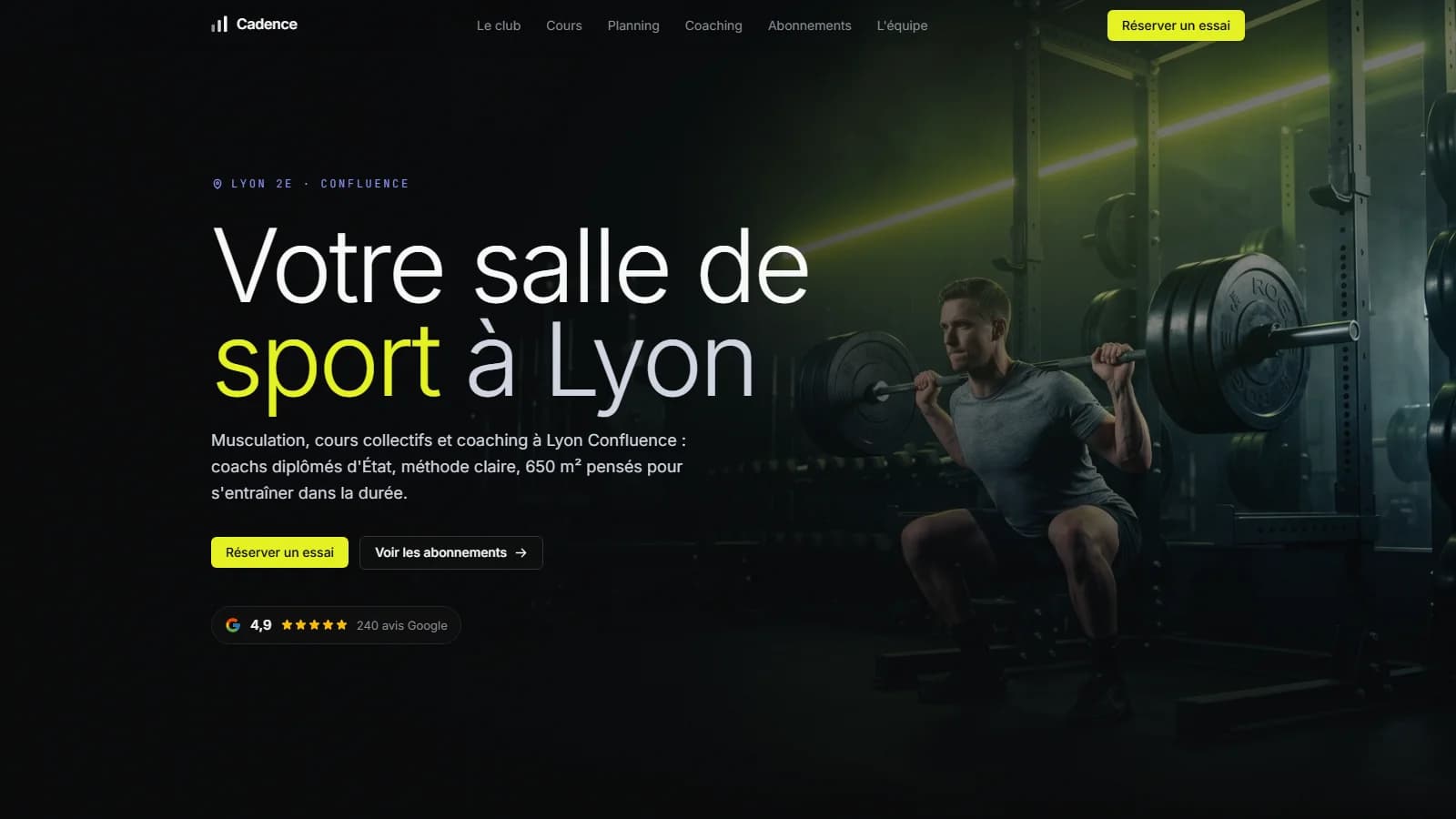Miniature éditoriale du projet Cadence avec un kettlebell en fonte noire mate marqué « 16 kg » posé sur un fond uni vert acide saturé, ombre nette portée vers la gauche, et le mot « Cadence » en grotesk noir gras sur le tiers droit