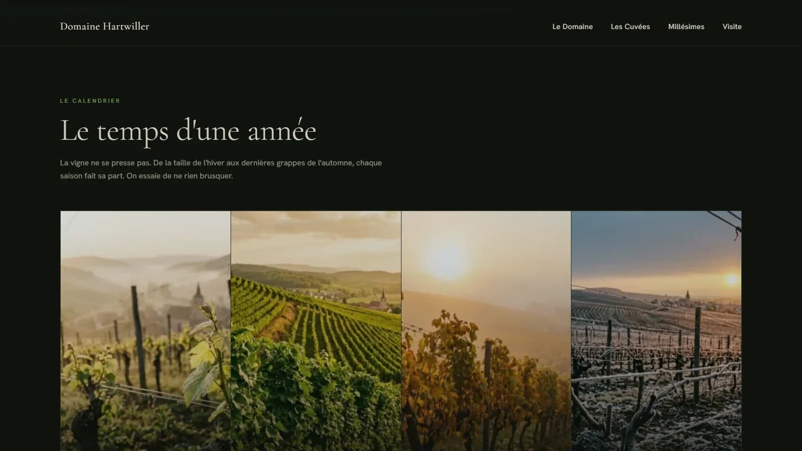 Section « Le calendrier » titrée « Le temps d'une année » avec quatre photos saisonnières du vignoble côte à côte : bourgeon de printemps, rangs verts d'été, feuillage doré d'automne et ceps givrés d'hiver