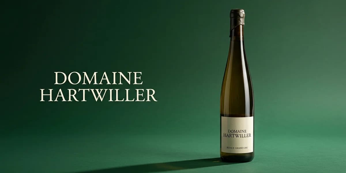 Miniature éditoriale du projet Domaine Hartwiller : une bouteille de vin d'Alsace flûte au vin doré, capsule de cire et étiquette crème « Domaine Hartwiller · Alsace Grand Cru », posée sur un fond vert forêt saturé avec une ombre nette portée, et le nom « Domaine Hartwiller » en serif crème sur le tiers gauche