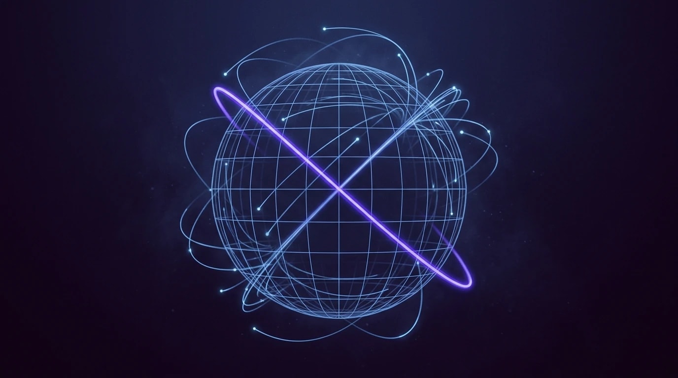 Rendu 3D éditorial d'un globe terrestre en wireframe bleu glaucious flottant sur fond indigo profond, sillonné d'arcs orbitaux lumineux et de petits points de lumière en mouvement le long de leur trajectoire. Une double ellipse violet tekhelet traverse l'axe central comme un éclat dominant. Composition cinématique évoquant les flux de connexion d'un réseau edge mondial.