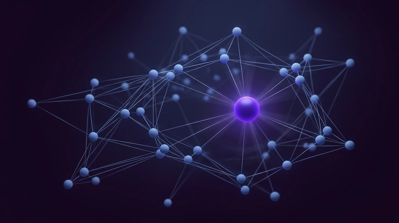 Rendu 3D éditorial d'un réseau de petites sphères bleu glaucious reliées par des fils fins en perspective. Une seule sphère centrale plus grande en violet tekhelet rayonne d'un halo lumineux. Composition cinématique sur fond indigo profond.