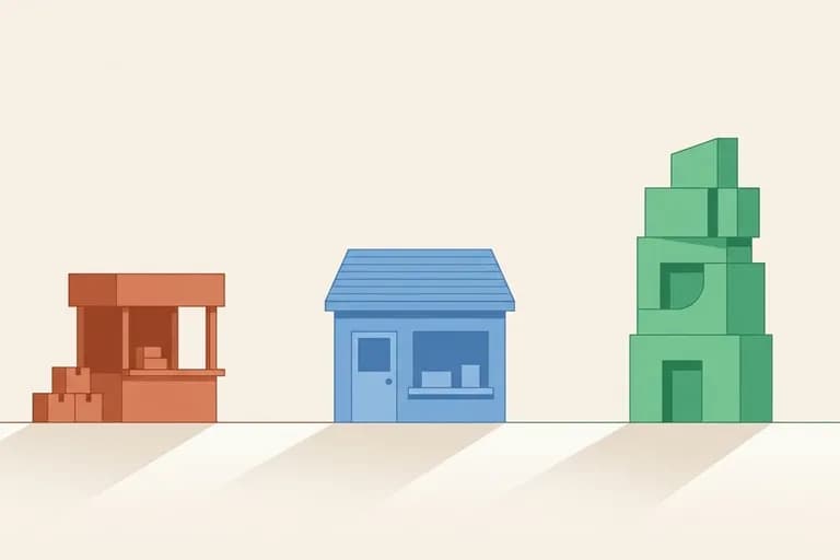 Illustration plate de trois structures representant WordPress, Shopify et un site Next.js sur mesure