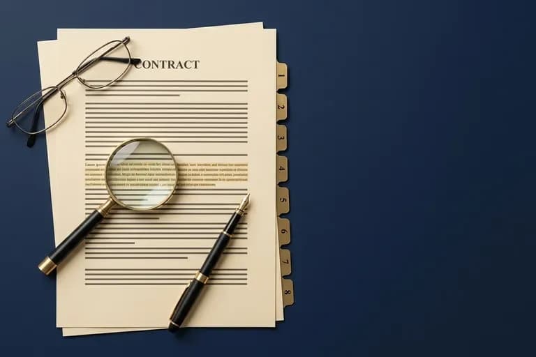 Vue de dessus d'un contrat de prestation web avec loupe, stylo plume et huit onglets numerotes