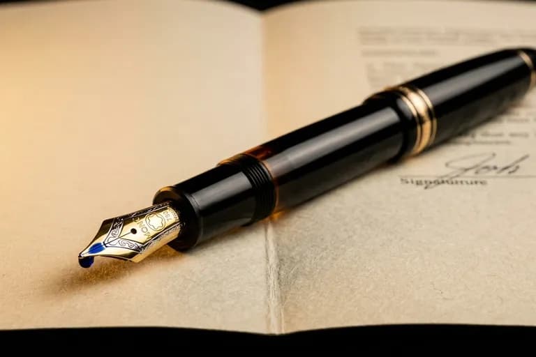 Stylo plume noir avec goutte d'encre bleue posé sur un contrat papier signé, en lumière latérale chaude