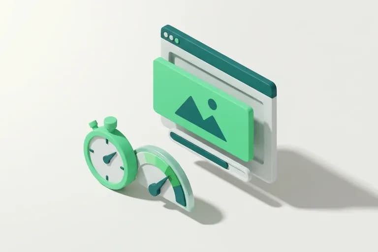 Illustration 3D isometrique d'une page web qui charge vite, avec chronometre et jauge de vitesse au vert