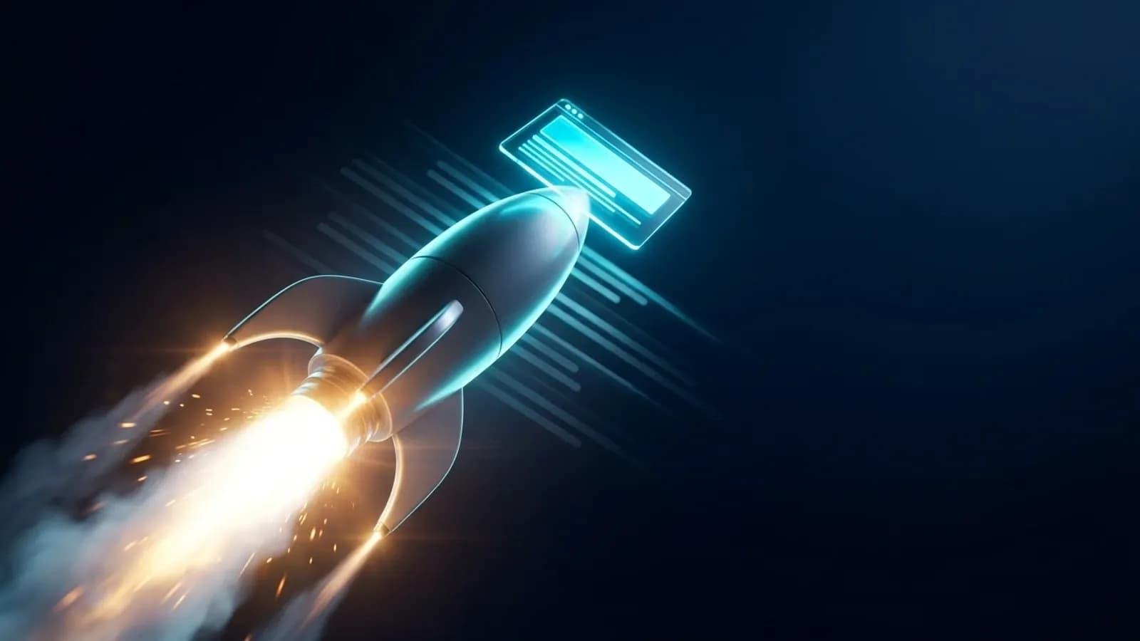 Rendu 3D cinematique d'une fusee propulsant une page web vers le haut, sur fond spatial bleu nuit