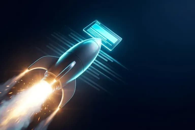 Rendu 3D cinematique d'une fusee propulsant une page web vers le haut, sur fond spatial bleu nuit