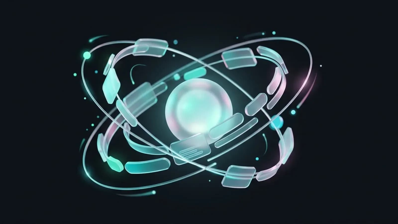 Composition 3D en verre d'un noyau entoure d'orbites portant des composants d'interface, style React