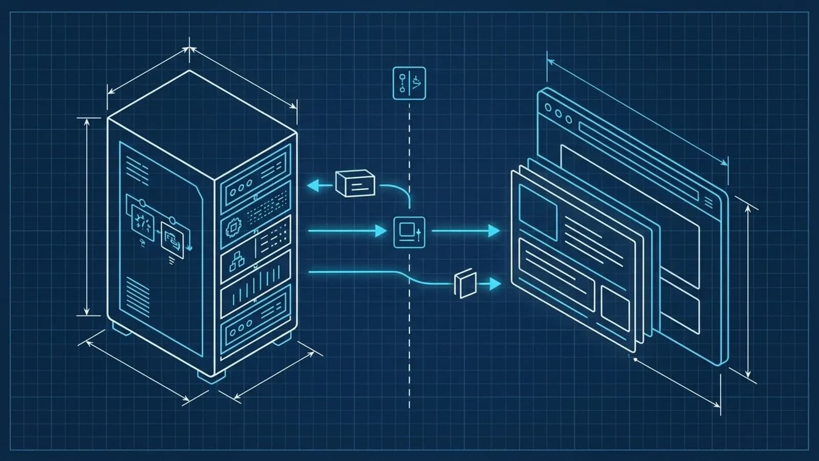Schema technique bleu d'un serveur envoyant des composants pre-rendus vers un navigateur