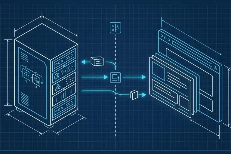 Schema technique bleu d'un serveur envoyant des composants pre-rendus vers un navigateur