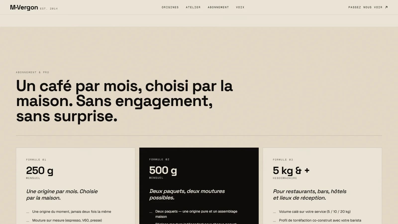 Section Abonnement & Pro : trois formules — 250 g mensuel, 500 g mensuel, 5 kg hebdomadaire pour les restaurateurs
