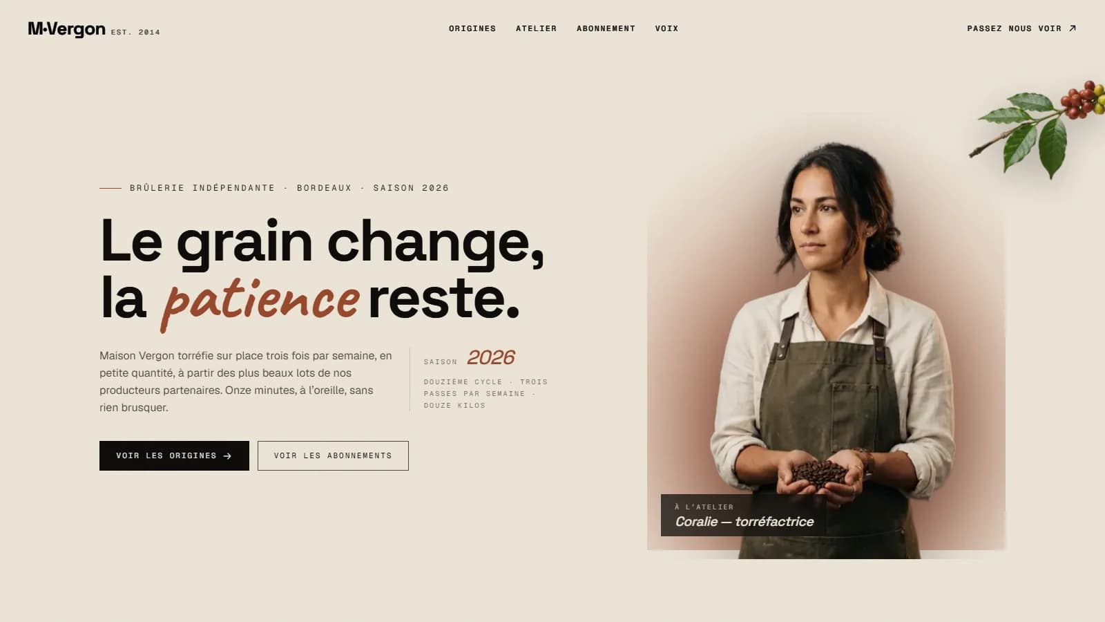 Page d’accueil du site fictif Maison Vergon avec sacs de café torréfiés sur place