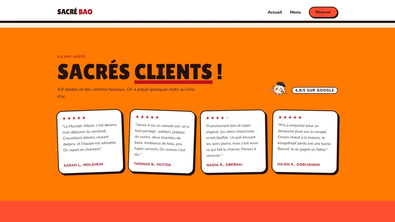 Section avis « Sacrés clients ! » sur fond orange avec la note « 4,8/5 sur Google », la mascotte Baozef et quatre témoignages de clients d'Alsace (Molsheim, Mutzig, Obernai, Dorlisheim)
