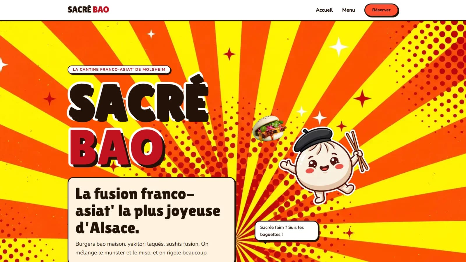 Miniature éditoriale du projet Sacré Bao : un bao vapeur ouvert débordant de munster fondu doré coulant, coiffé d'oignons frits et de cébette, sur fond orange saturé, avec le nom « Sacré Bao » en typo crème arrondie ludique sur le tiers droit