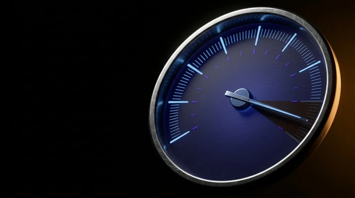 Compteur de vitesse 3D au cadran indigo, aiguille figee dans la zone rouge, halo ambre cote droit suggerant la surchauffe serveur, fond noir mat