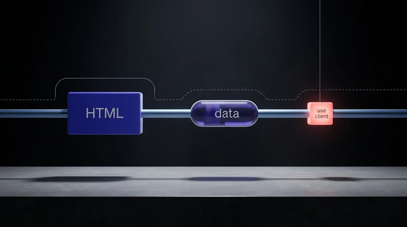 Schema editorial 3D : un long tube horizontal glaucious-bleu transporte trois capsules cote a cote sur fond noir, un bloc indigo 'HTML', une capsule translucide 'data' et un petit cube corail lumineux 'use client', metaphore du flux hybride serveur + client d'une page Next.js App Router.