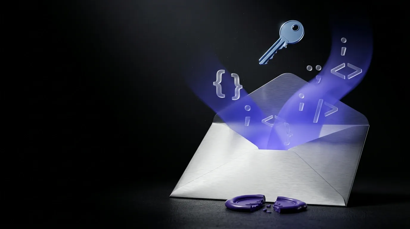 Enveloppe légale en aluminium brossé s'ouvrant et libérant un ruban de lumière indigo formant des glyphes de code en verre dépoli, sceau de cire violet tekhelet brisé