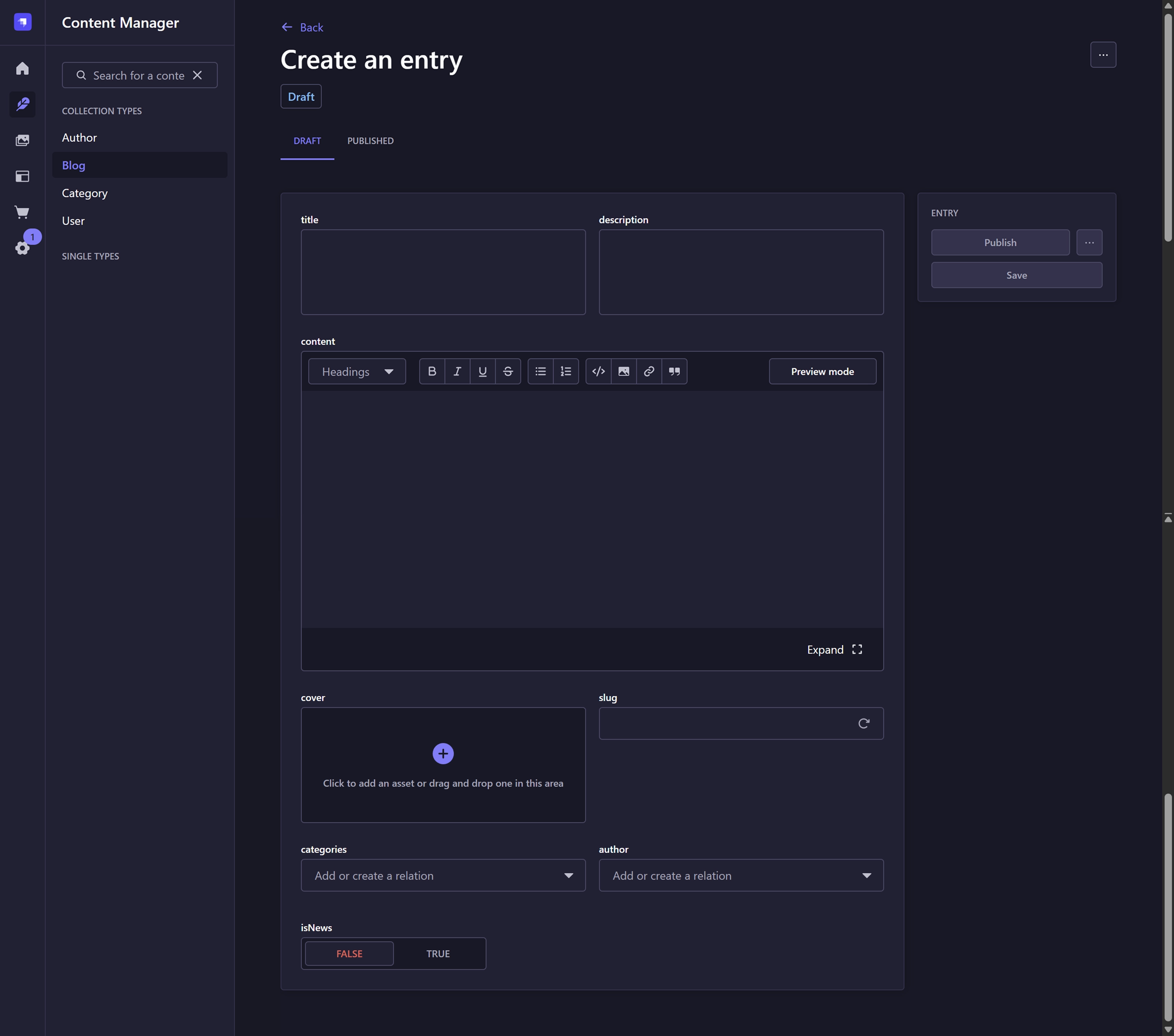 Capture de l’interface de publication Strapi